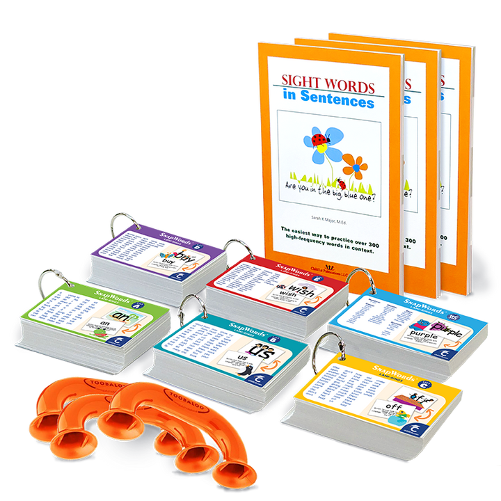 Three Sight Words in Sentences books, stacks of word cards with rings, and three orange reading tools on a white background.
