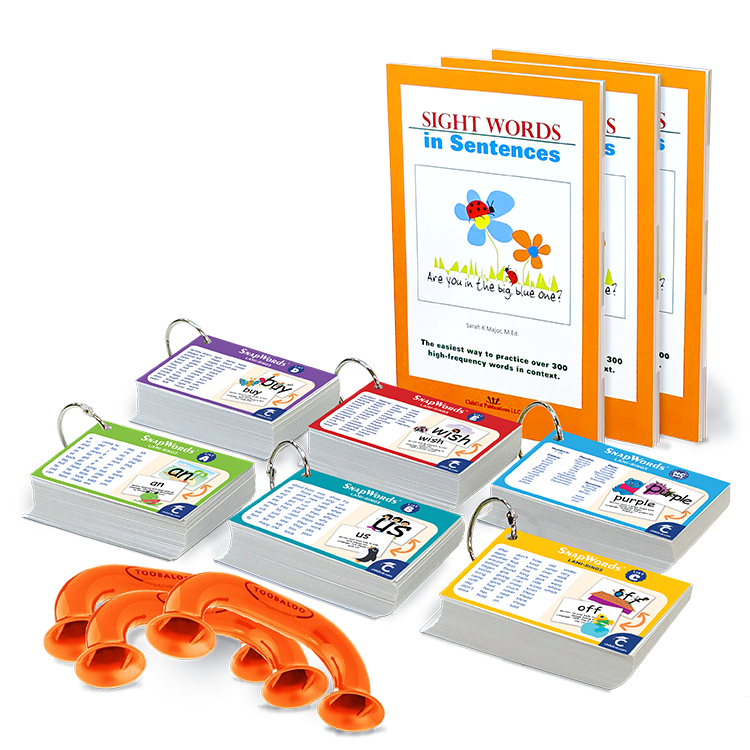 Three Sight Words in Sentences books, stacks of word cards with rings, and three orange reading tools on a white background.