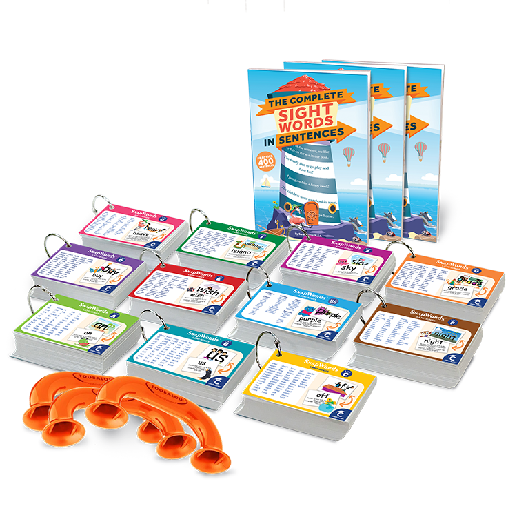 Complete Sight Words in Sentences set with multiple card stacks, books, and orange handheld readers on a white background.
