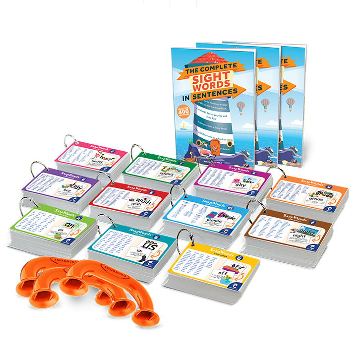 Complete Sight Words in Sentences set with multiple card stacks, books, and orange handheld readers on a white background.