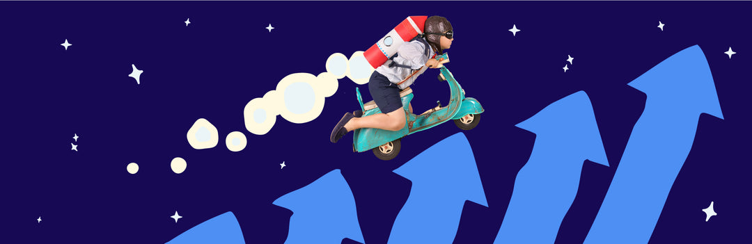 Picture of a kid flying through space on a scooter