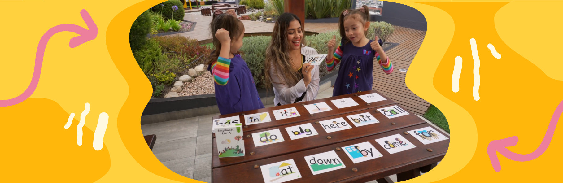 Photo of a mother teaching sight words to her twin daughters.