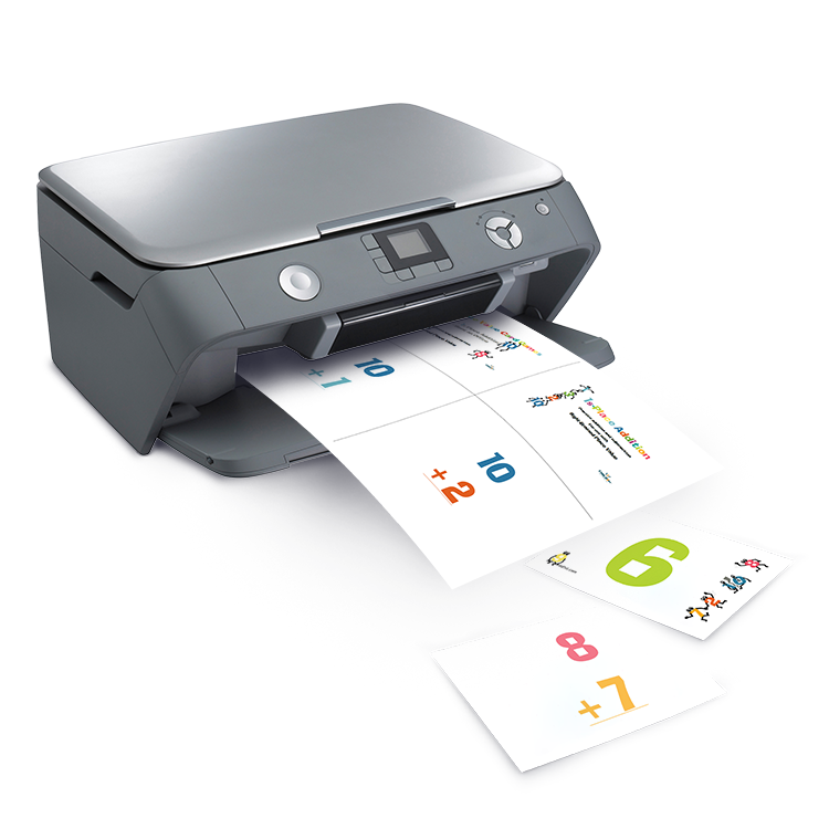 Printer producing math flashcards with colorful addition problems for arithmetic learning