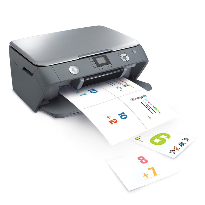 Printer producing math flashcards with colorful addition problems for arithmetic learning