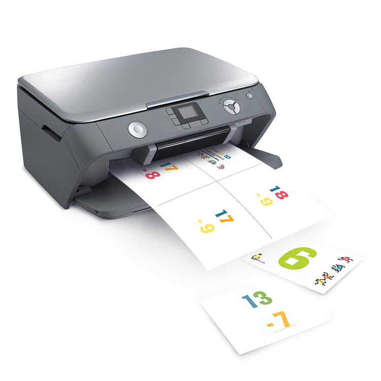 Printer outputting math flashcards with subtraction problems and colorful numbers.