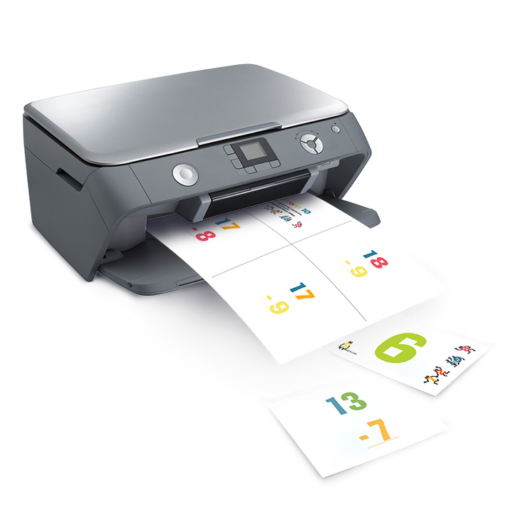 Printer outputting math flashcards with subtraction problems and colorful numbers.