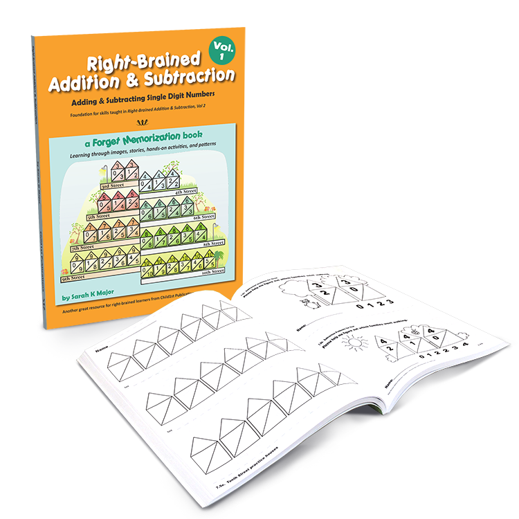 Right-Brained Addition & Subtraction Vol. 1 book with open pages showing visual exercises for single-digit arithmetic