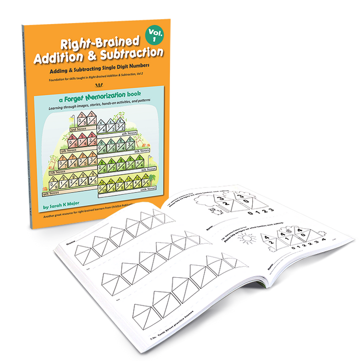 Right-Brained Addition & Subtraction Vol. 1 book with open pages showing visual exercises for single-digit arithmetic