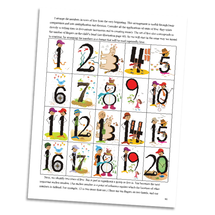 Illustrated math worksheet with numbers 1 to 20 featuring colorful characters for visual number recognition