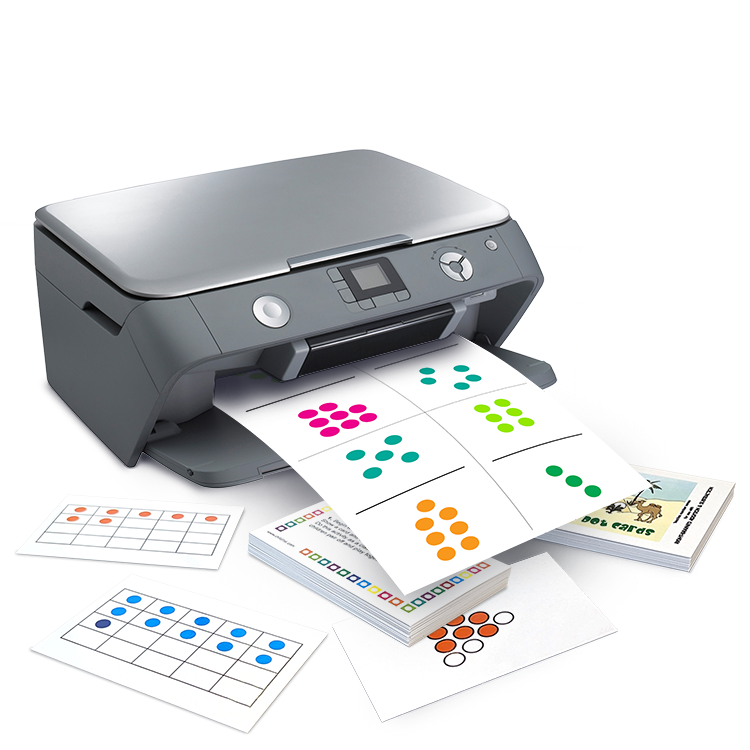 Printer generating colorful dot pattern math worksheets for visual and interactive learning activities