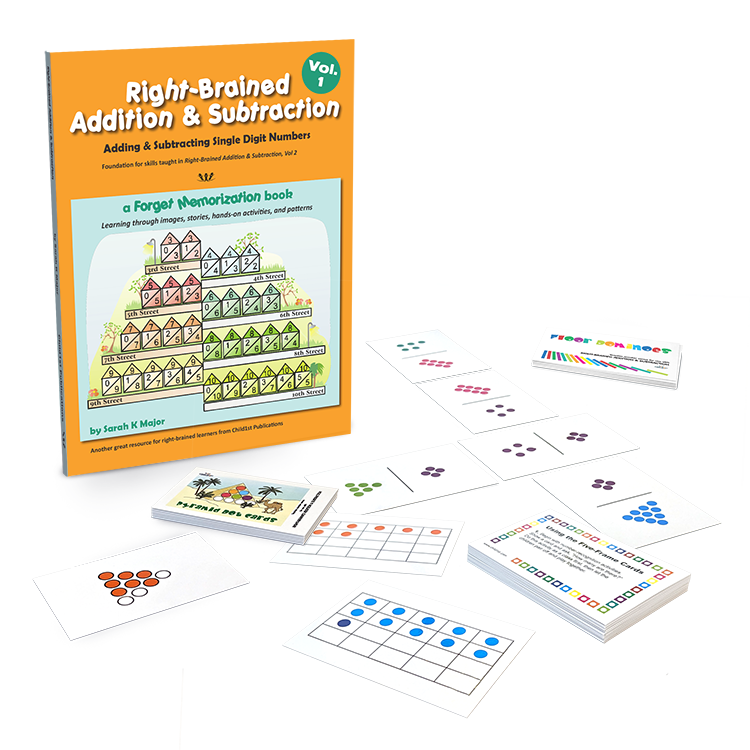 Right-Brained Addition & Subtraction Vol. 1 book with flashcards for single-digit arithmetic using visual aids