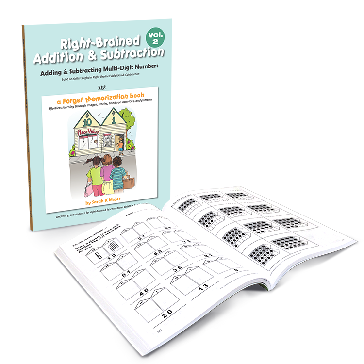 Right-Brained Addition & Subtraction Vol. 2 book with open pages featuring multi-digit number exercises for visual learning