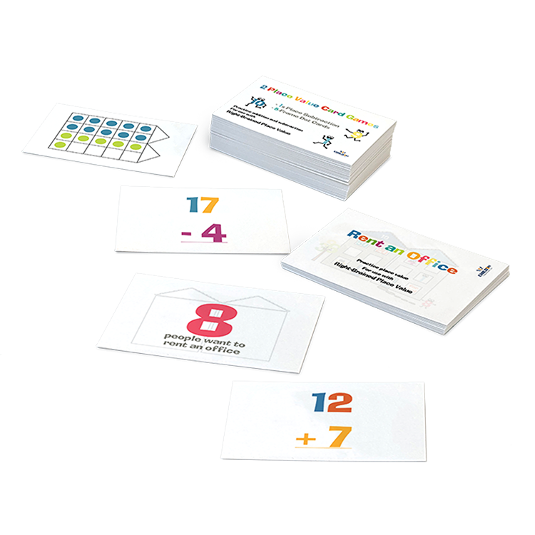 Set of math flashcards including Place Value and Rent an Office games with addition and subtraction problems