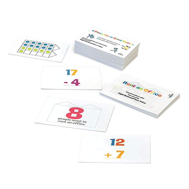 Set of math flashcards including Place Value and Rent an Office games with addition and subtraction problems