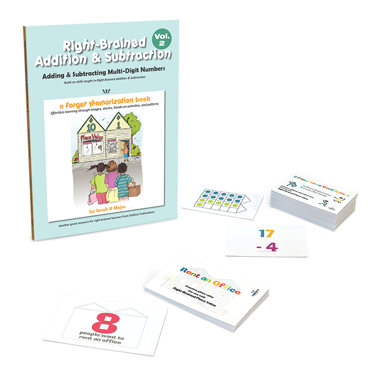 Right-Brained Addition & Subtraction book with flashcards for visual learning of multi-digit number operations