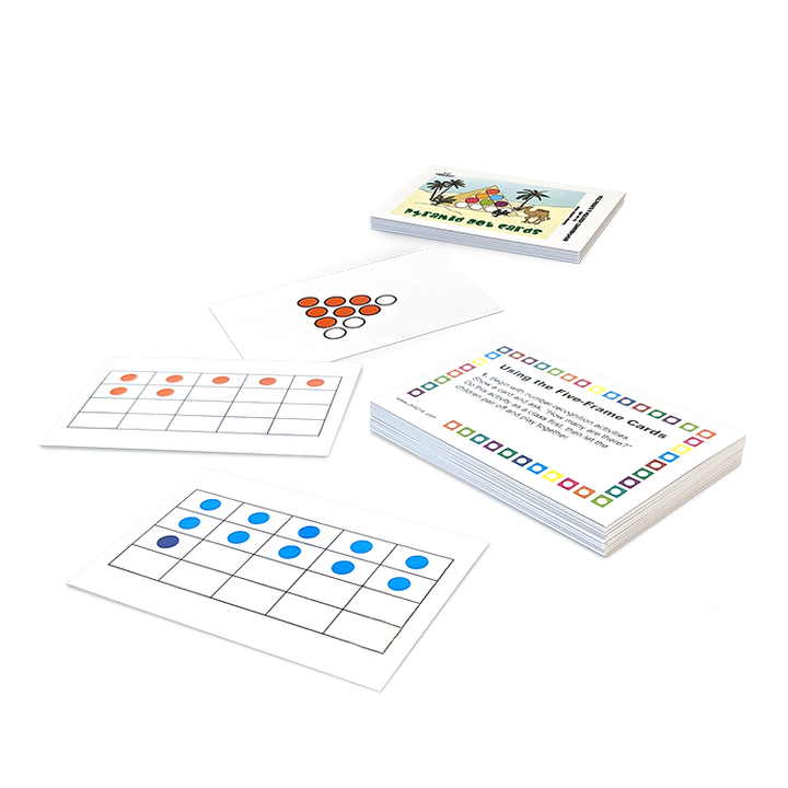 Set of educational math flashcards with colorful dot patterns for teaching number recognition and basic math concepts