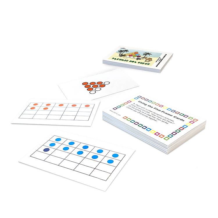 Set of educational math flashcards with colorful dot patterns for teaching number recognition and basic math concepts