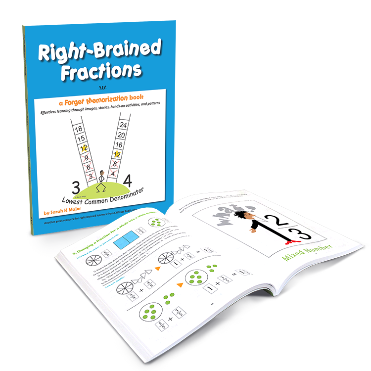 Right-Brained Fractions book with open pages showing visual and interactive fraction learning activities for children