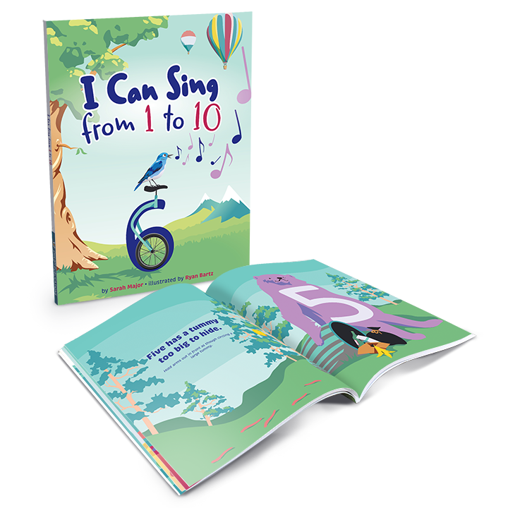 Cover of 'I Can Sing from 1 to 10' with an open page showing a purple number five in a scenic landscape.