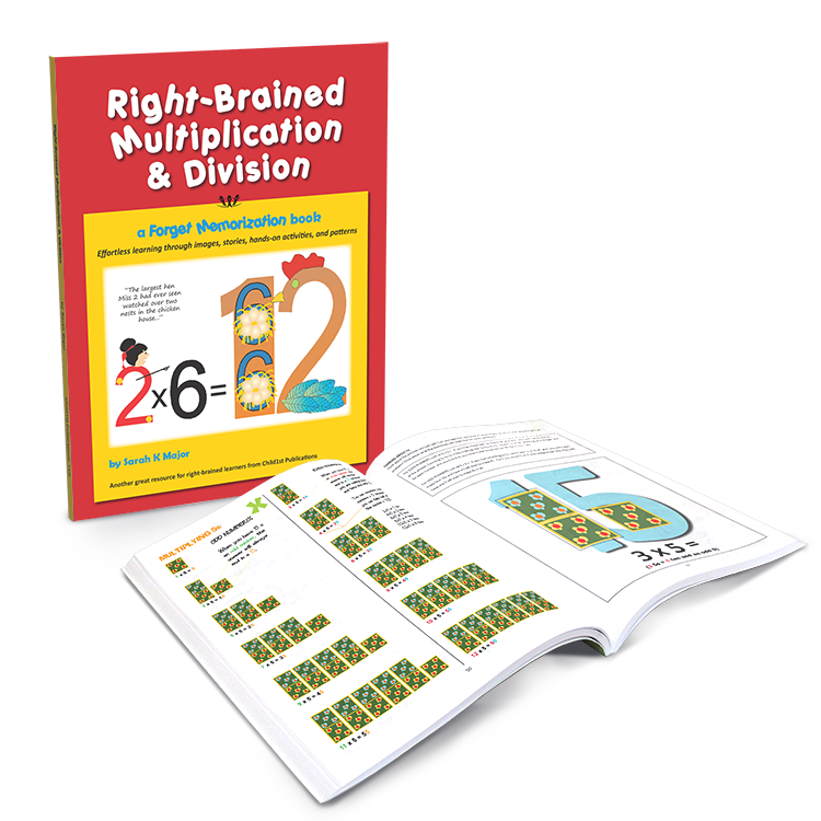 Right-Brained Multiplication & Division book with open pages showing visual math strategies for engaging learning