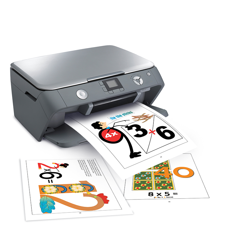 Printer producing math worksheets with colorful illustrations for multiplication and division learning for kids