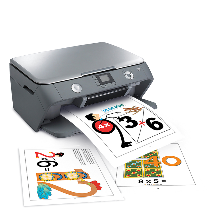 Printer producing math worksheets with colorful illustrations for multiplication and division learning for kids