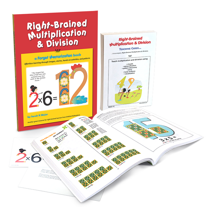 Right-Brained Multiplication and Division set with book, teaching cards, and worksheets for visual math learning