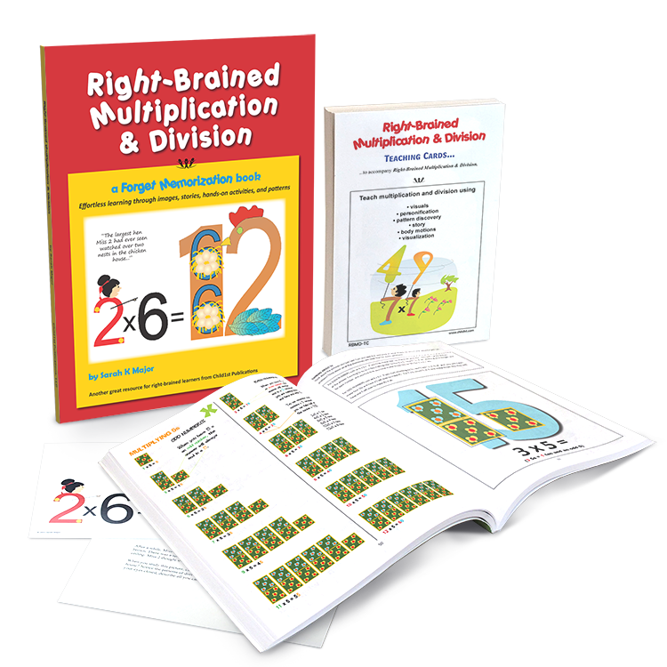 Right-Brained Multiplication and Division set with book, teaching cards, and worksheets for visual math learning