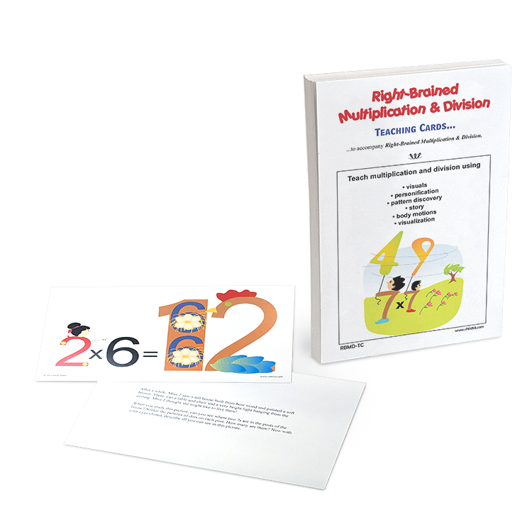 Right-Brained Multiplication and Division teaching cards featuring visual and story-based learning methods for math skills