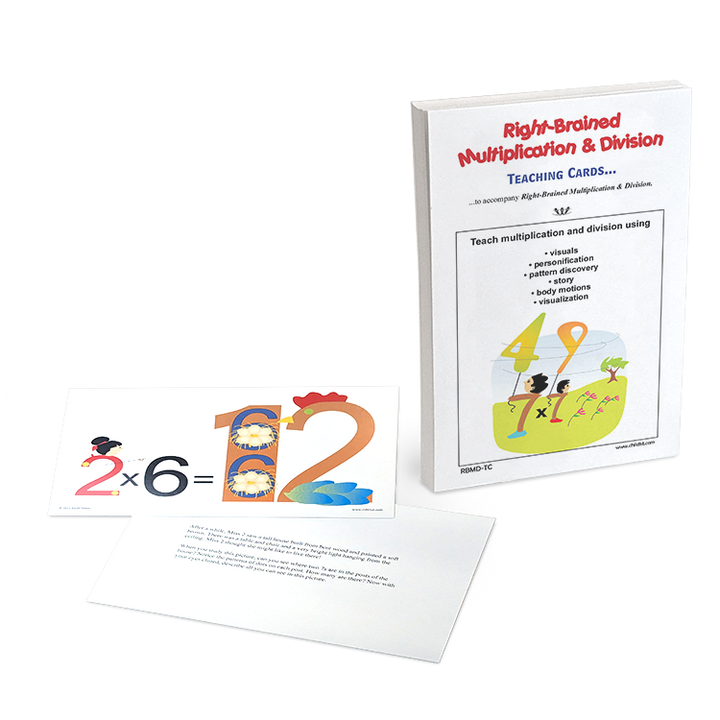 Right-Brained Multiplication and Division teaching cards featuring visual and story-based learning methods for math skills