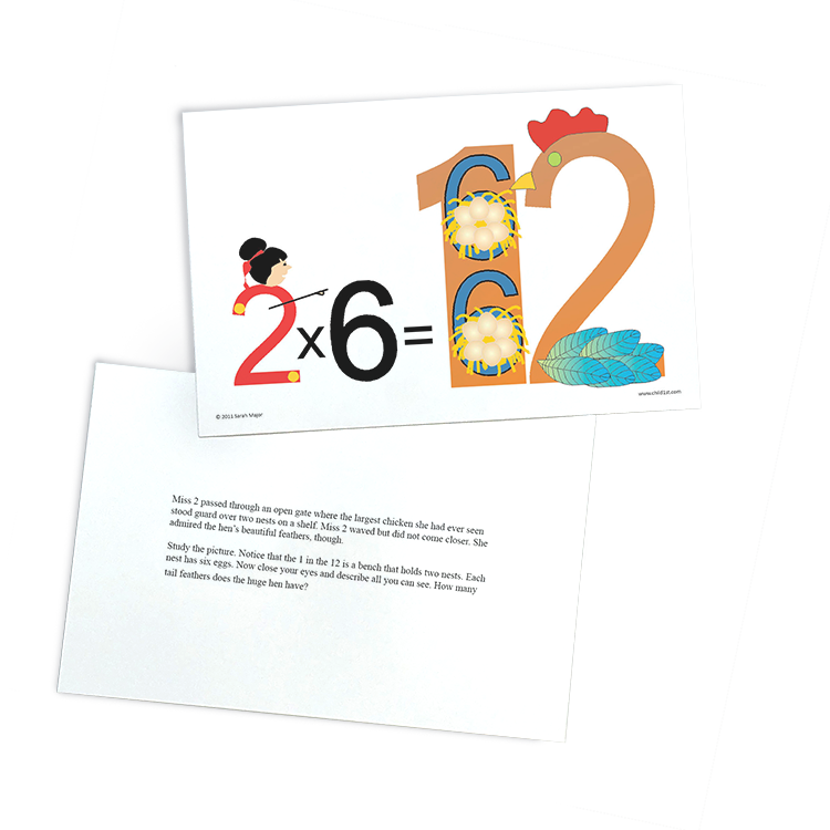 Educational math cards with colorful illustration for 2x6 multiplication problem and accompanying text for learning