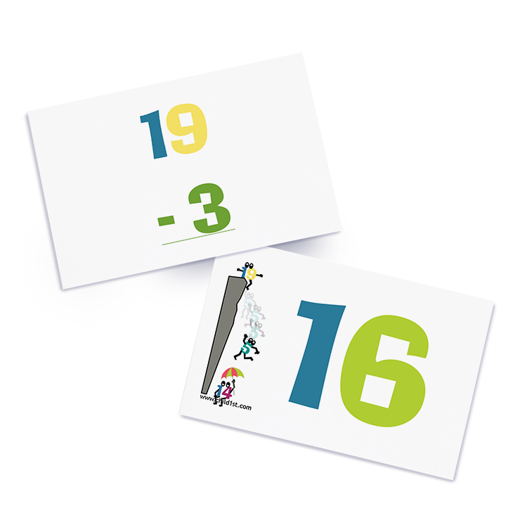 Math flashcards featuring subtraction problem and number illustration for teaching arithmetic skills