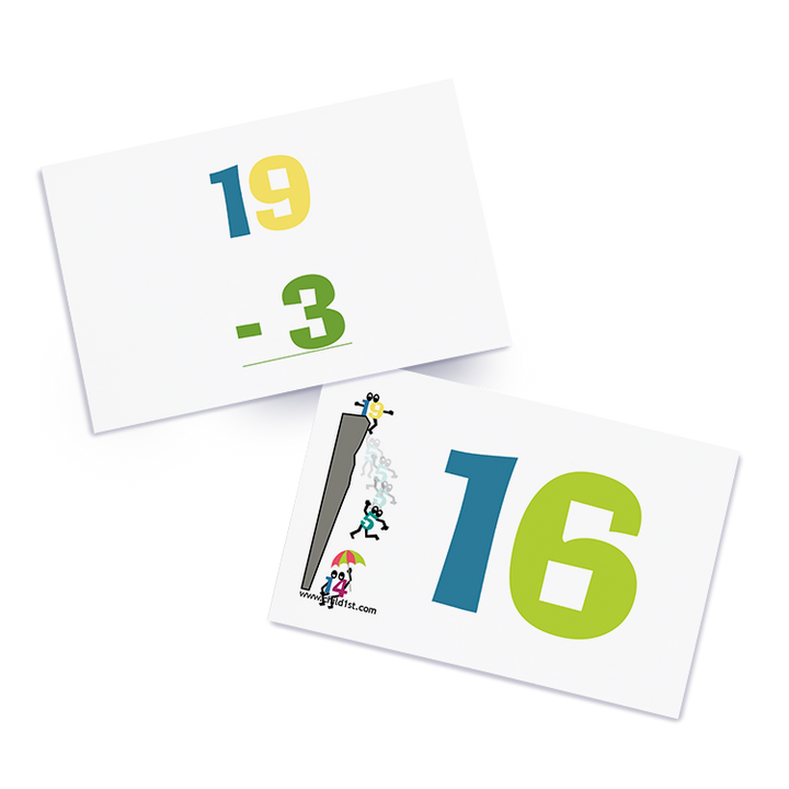 Math flashcards featuring subtraction problem and number illustration for teaching arithmetic skills