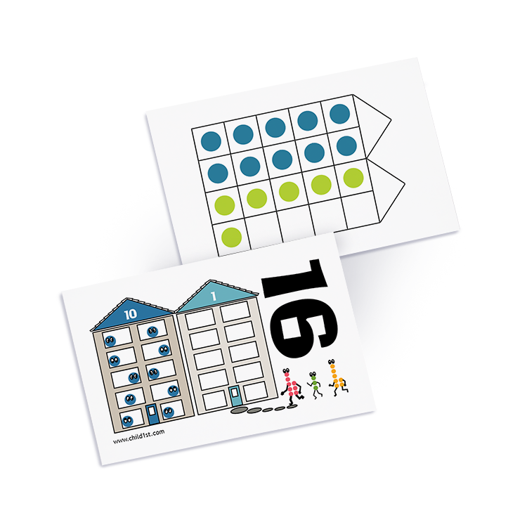 Math flashcards with colorful dot grids and number illustrations for teaching place value and counting