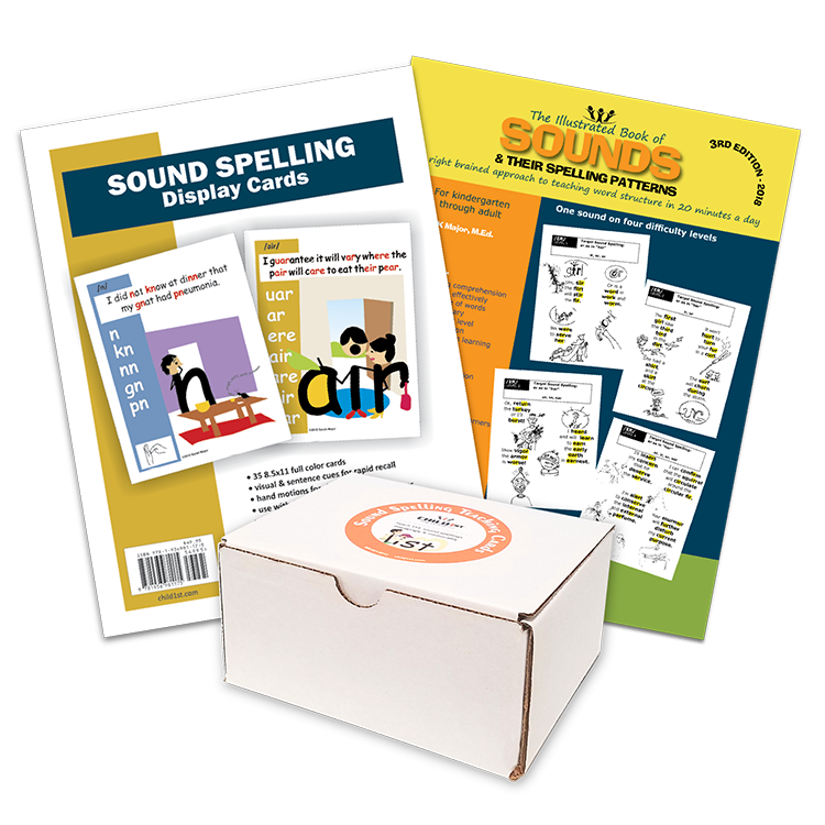 Phonics educational set with sound spelling display cards, learning book, and storage box for teaching vowel patterns