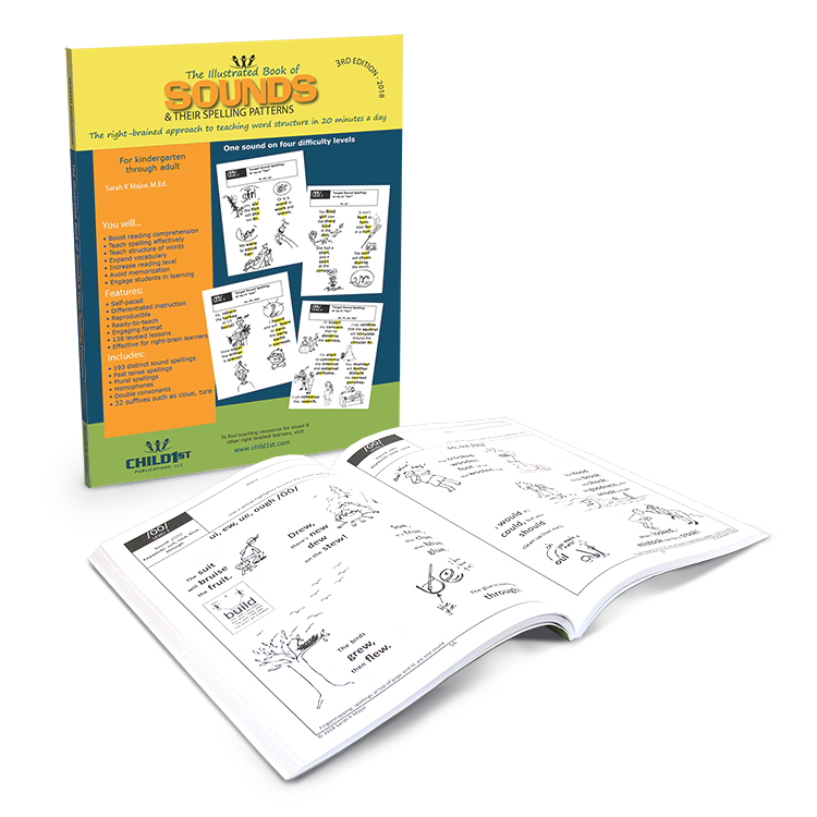 The Illustrated Book of Sounds & Their Spelling Patterns by Sarah K. Major, showcasing various difficulty levels for teaching.