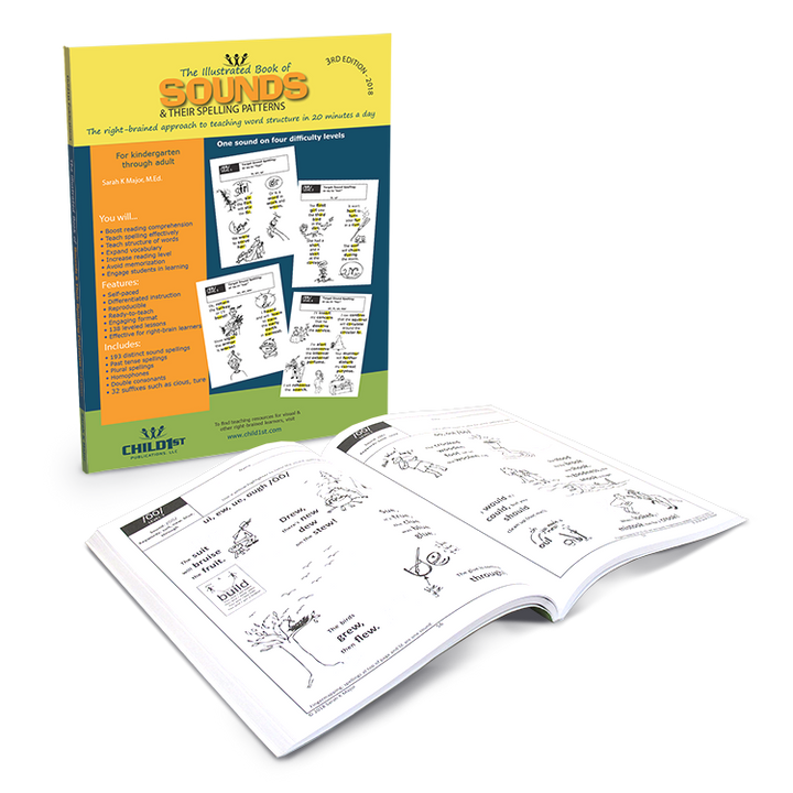 The Illustrated Book of Sounds & Their Spelling Patterns by Sarah K. Major, showcasing various difficulty levels for teaching.