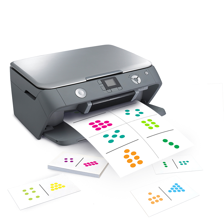 Printer producing colorful dot pattern math flashcards for teaching counting and number sense