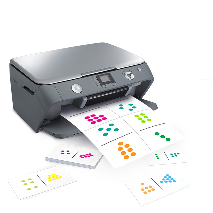 Printer producing colorful dot pattern math flashcards for teaching counting and number sense