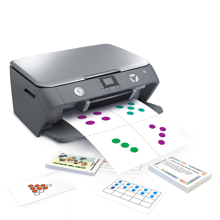 Printer producing math flashcards with colorful dot patterns for teaching number sense and arithmetic