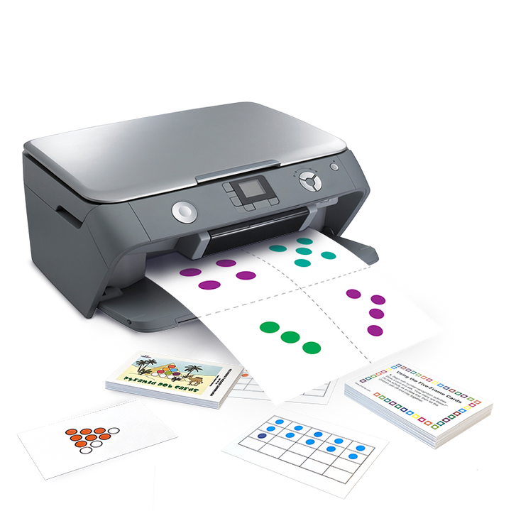 Printer producing math flashcards with colorful dot patterns for teaching number sense and arithmetic