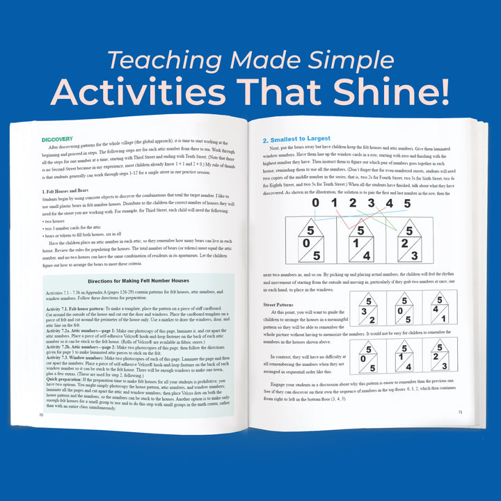 Open math book with problem-solving exercises and number patterns, captioned 'Teaching Made Simple, Activities That Shine!