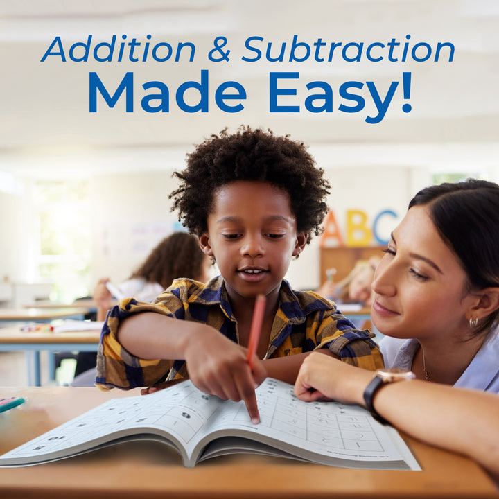 Teacher helping a student with math in a classroom, captioned 'Addition & Subtraction Made Easy!