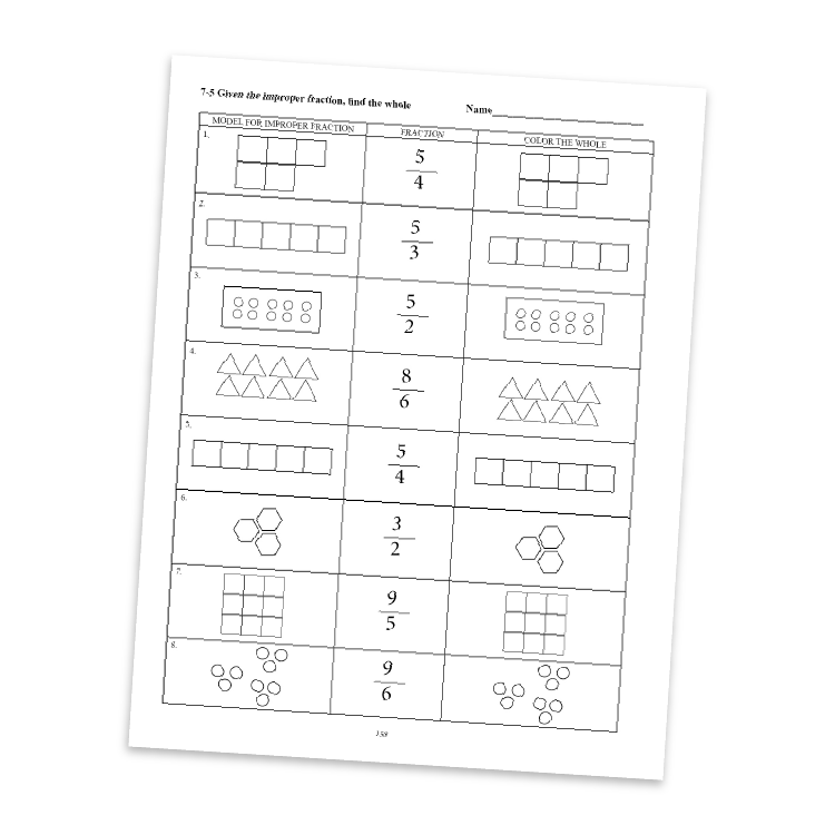 Math worksheet focused on improper fractions with visual aids and exercises for practicing fraction concepts