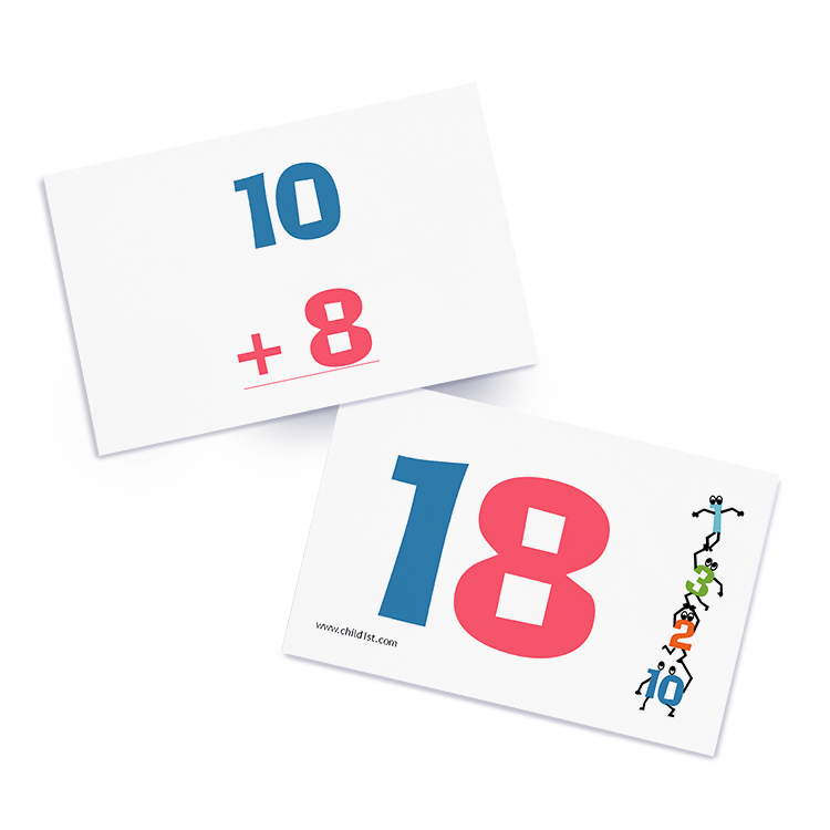 Math flashcards showing addition problem 10 + 8 and illustrated number 18 for arithmetic learning