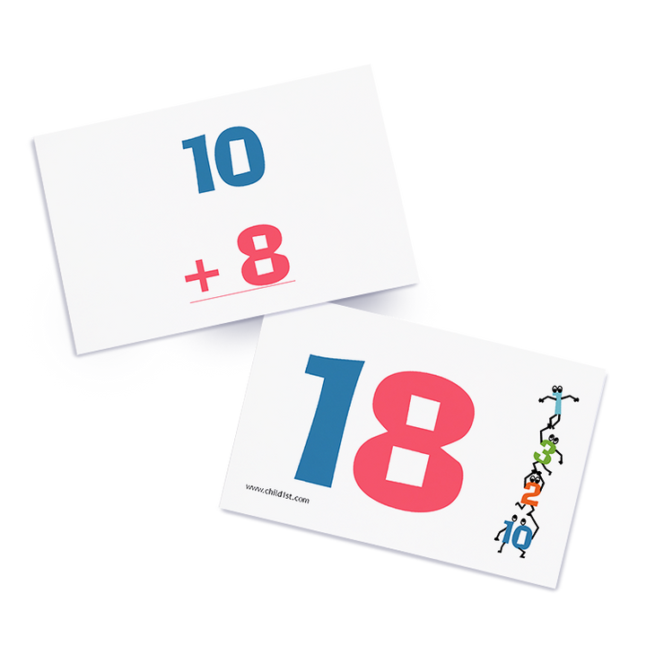 Math flashcards showing addition problem 10 + 8 and illustrated number 18 for arithmetic learning