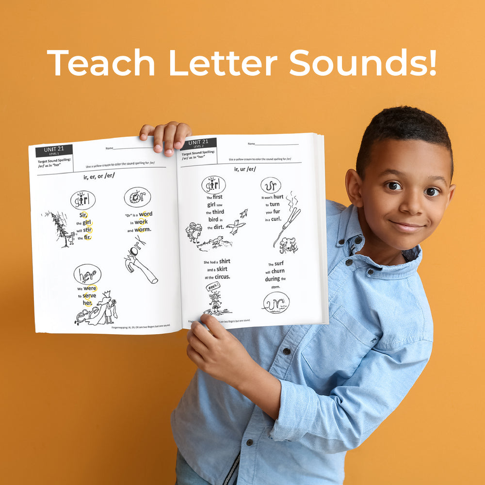 Smiling boy holding a phonics book on letter sounds against an orange background with the text 'Teach Letter Sounds!