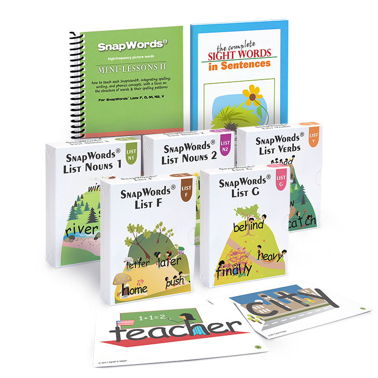 SnapWords learning kit with Mini-Lessons II, Sight Words in Sentences, and various flashcard lists, including Nouns, Verbs, and List F.