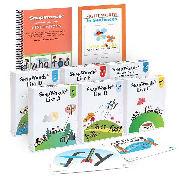 Collection of SnapWords products, including boxed word lists, 'Mini-Lessons' book, and 'Sight Words in Sentences'.