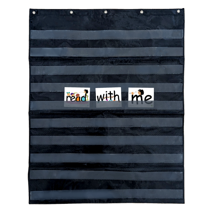 Black pocket chart with cards spelling 'read with me' displayed in slots.